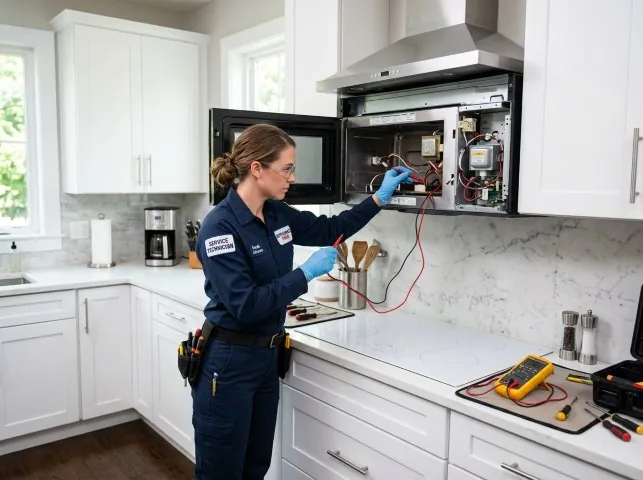 Appliance Repair Hero technician testing an over-the-range microwave in a Austin, MN kitchen